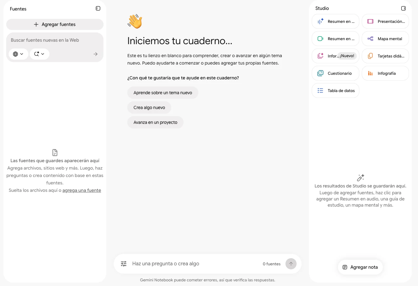 Cuaderno nuevo y vacío de Gemini Notebook con los paneles Fuentes, chat y Studio