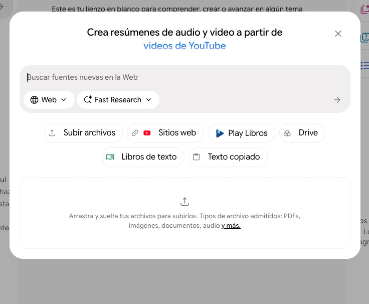 Diálogo Agregar fuentes de Gemini Notebook con Subir archivos, Sitios web, Drive y Texto copiado
