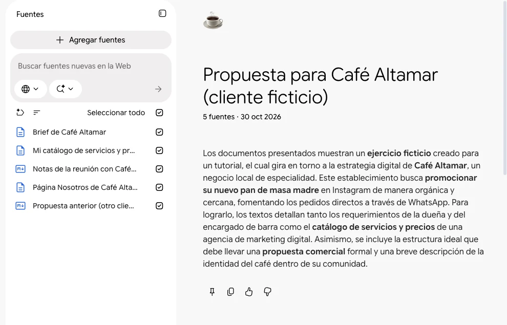 Cuaderno Propuesta para Café Altamar, cliente ficticio, con cinco fuentes y el resumen automático