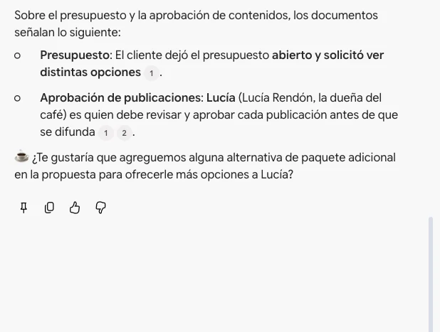 Respuesta de Gemini Notebook con una cita abierta que muestra el pasaje de las notas de la reunión