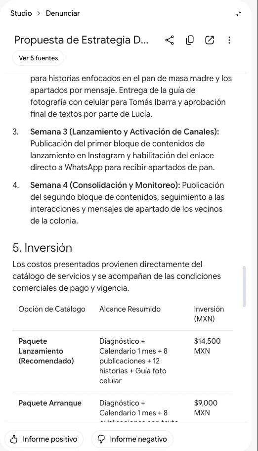 Informe de propuesta en el panel Studio con el calendario propuesto y la tabla de inversión
