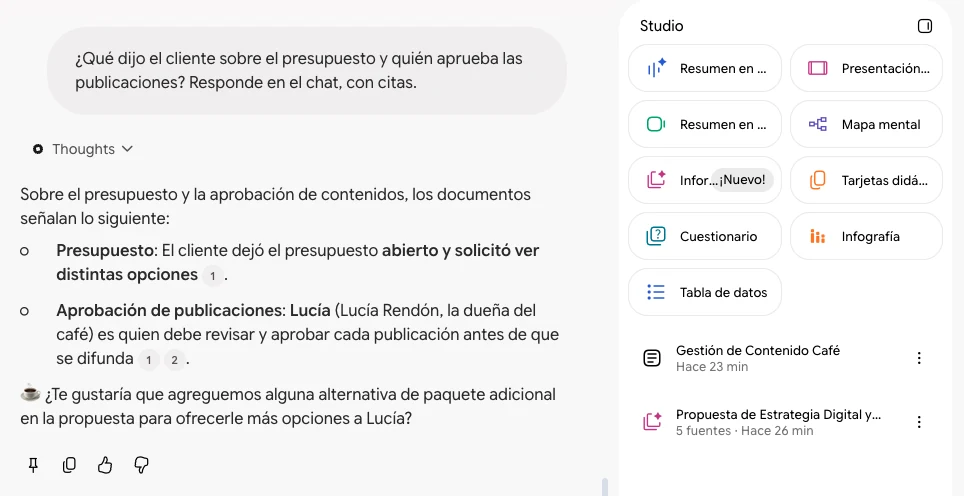 Panel Studio de Gemini Notebook con una nota guardada y el informe de la propuesta