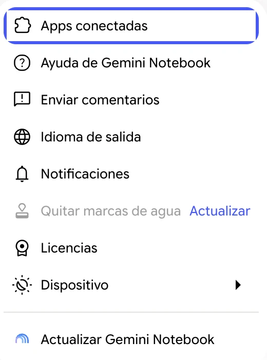 Menú Configuración de Gemini Notebook con la opción Actualizar Gemini Notebook al final