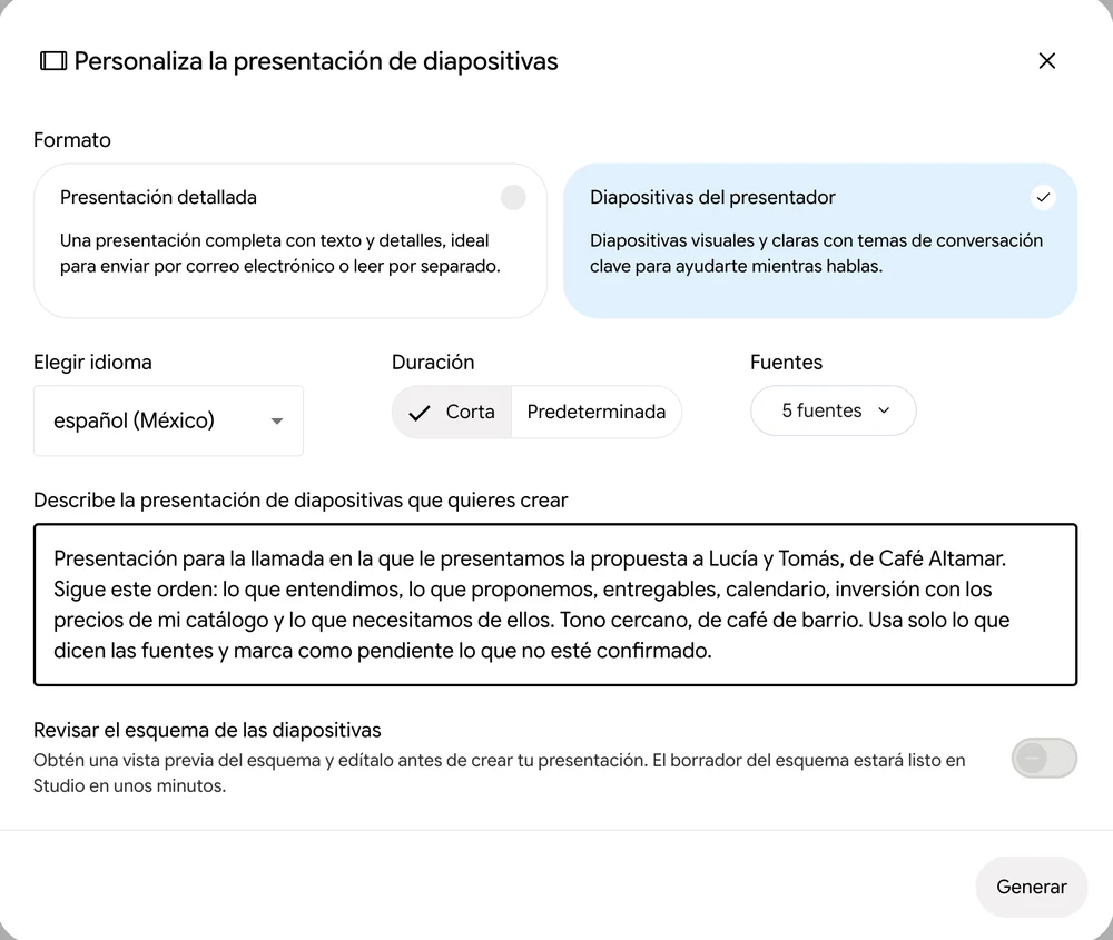 Diálogo Personaliza la presentación de diapositivas con Diapositivas del presentador, español de México, duración corta, 5 fuentes y la descripción del ejemplo de Café Altamar