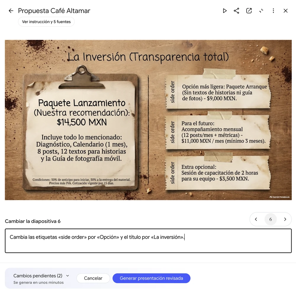 Modo Revisar de Gemini Notebook con la instrucción para la diapositiva 6 y Cambios pendientes (2)