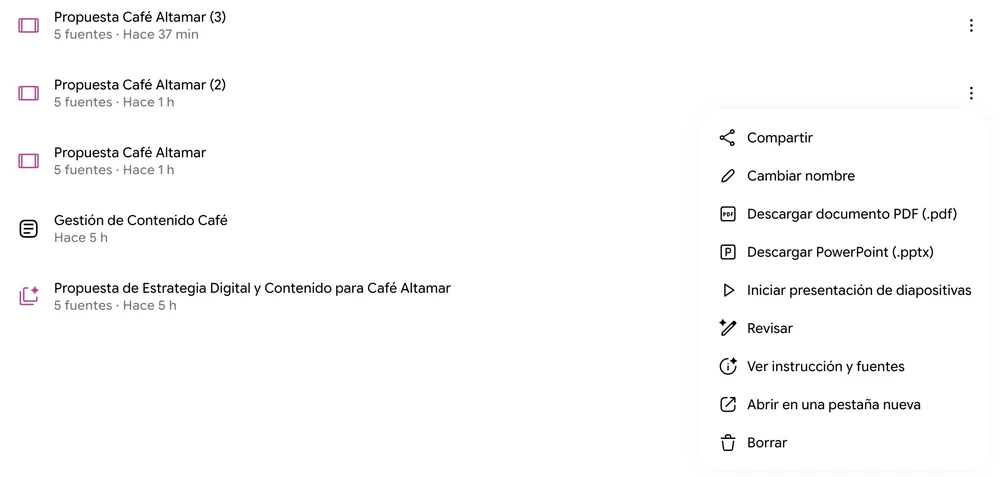 Menú de una presentación en Gemini Notebook con las opciones Descargar documento PDF y Descargar PowerPoint
