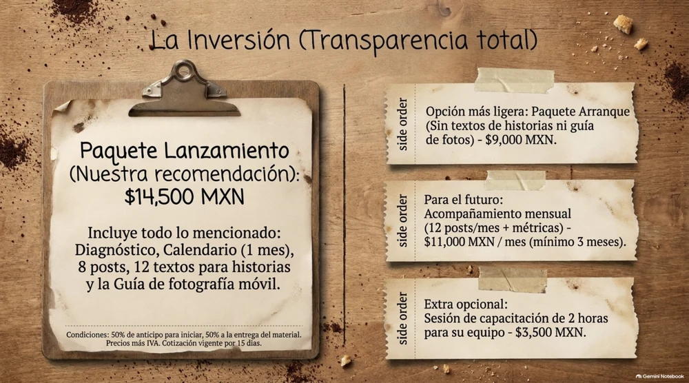 Diapositiva de inversión de la propuesta para Café Altamar con etiquetas side order en inglés