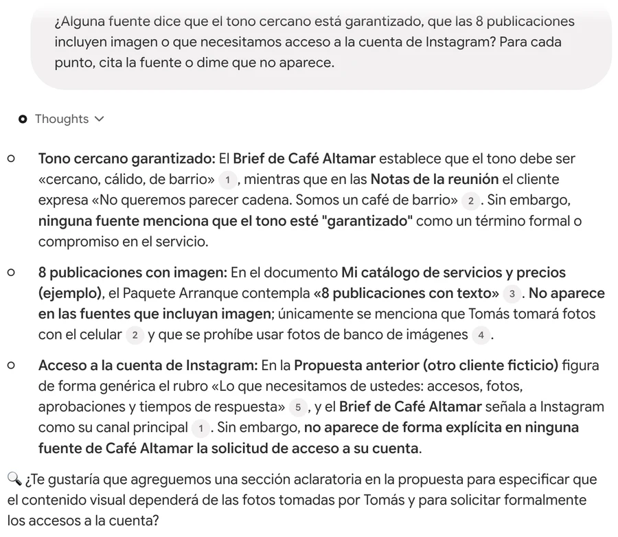 Chat de Gemini Notebook respondiendo punto por punto, con citas numeradas, si las fuentes respaldan tres frases de la presentación