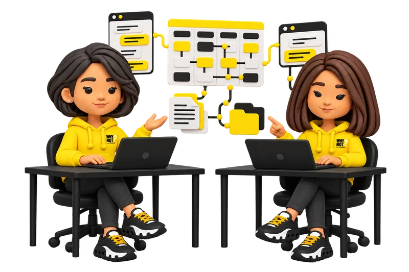 Mónica y Alma dando una clase virtual con computadoras, una pierna cruzada cada una y elementos de IA alrededor